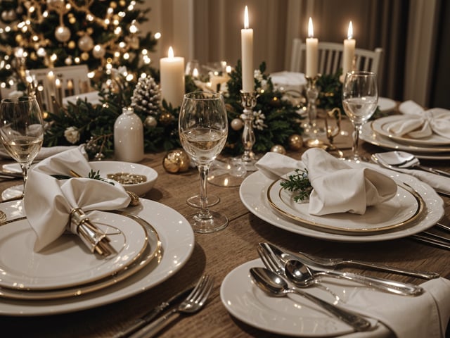 A dinner table set for a holiday meal with candles, wine glasses, and plates. The table is covered with a tablecloth and features a centerpiece of a potted plant.