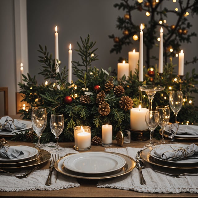 A dinner table set for a holiday meal with candles and wine glasses. The table is adorned with a centerpiece of pine cones and candles, creating a warm and festive atmosphere.