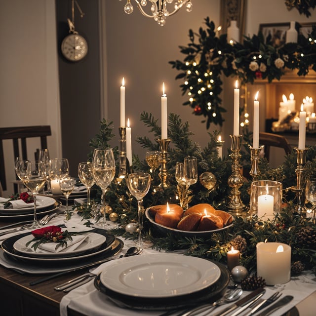 A Christmas dinner table set with candles, wine glasses, and a bowl of fruit. The table is adorned with a beautiful centerpiece and is set for a festive meal.