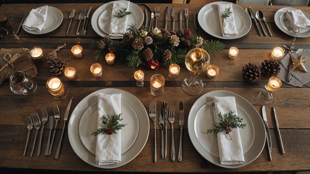 A dinner table set with plates, silverware, and candles. The centerpiece is a beautiful arrangement of pine cones and flowers.