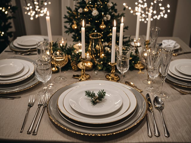 A dinner table set for Christmas with a white plate in the center, a gold rimmed vase with candles, and a Christmas tree in the background. The table is set with gold plates, silverware, and wine glasses.