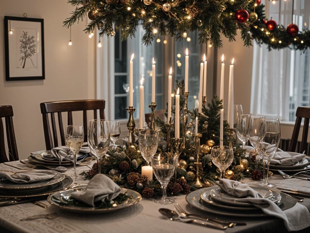 A beautifully set Christmas dinner table with candles and a centerpiece.