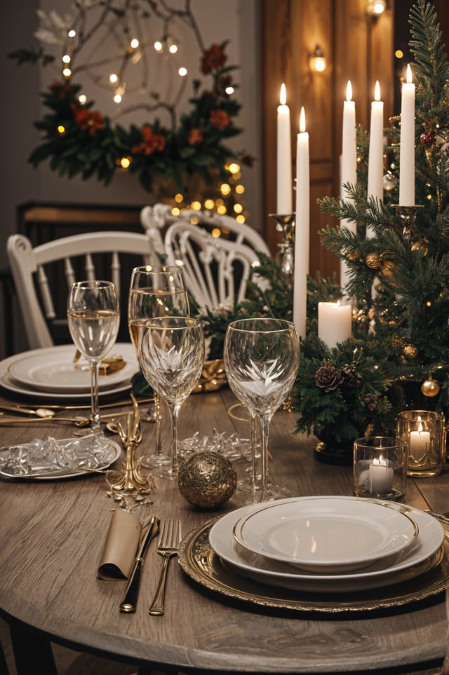 A dinner table set with candles, wine glasses, and a Christmas tree in the background. The table is adorned with gold accents and features a white tablecloth.