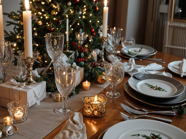 A dinner table set for Christmas with candles, wine glasses, and plates. The table is adorned with a Christmas tree in the background.