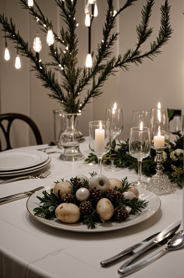 A dinner table with candles and a plate of food. The table is set for a romantic dinner for two.