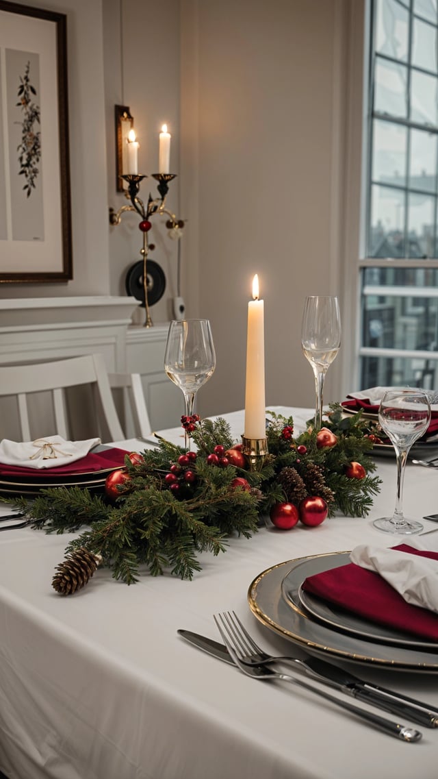 A dinner table set for two with a candle, wine glasses, and a centerpiece of pine cones and berries.