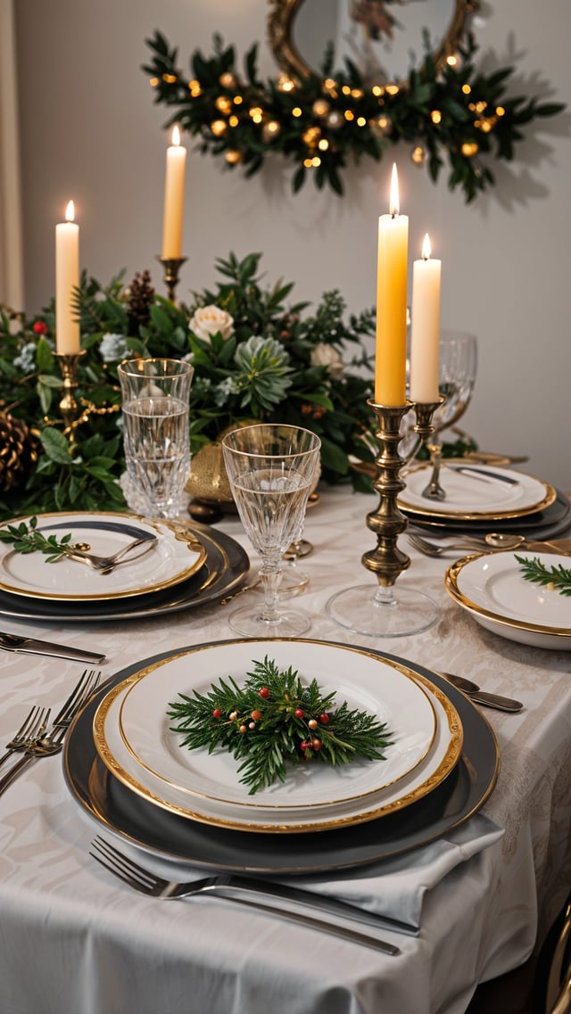 A fancy dinner table with a centerpiece of a green plant and candles.