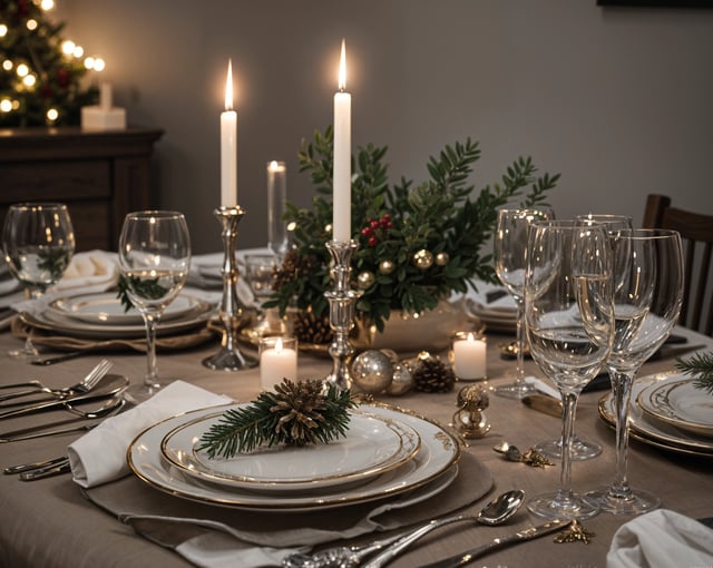 A table set for a holiday dinner with candles, plates, and wine glasses. The table is adorned with a centerpiece of pine cones and ornaments.
