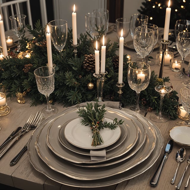 A fancy dinner table set with candles, plates, and silverware. The centerpiece is a sprig of rosemary and pine cones.