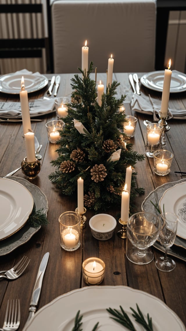 A dinner table with a Christmas tree in the center, surrounded by candles and plates. The table is set for a holiday meal, with silverware and glassware arranged neatly.