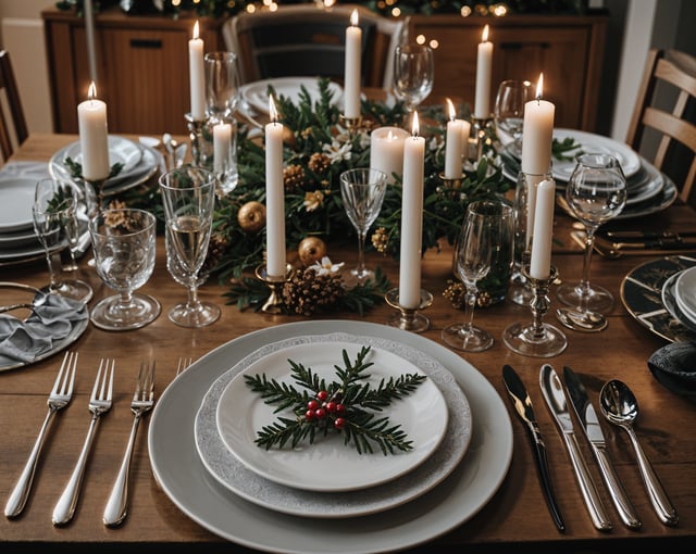 A dinner table set with candles and wine glasses, featuring a centerpiece of holly and berries.
