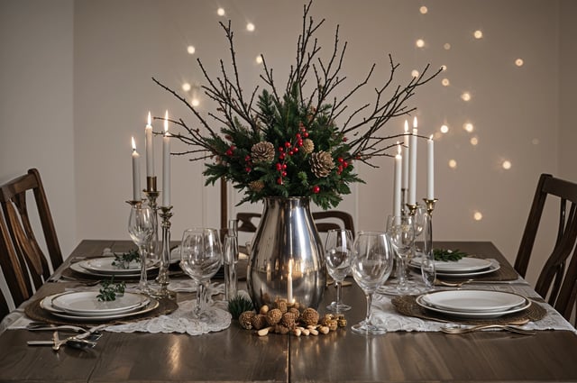 A table set for a fancy dinner with a vase of flowers and candles in the center. The table is adorned with wine glasses and plates, creating an elegant atmosphere for a special occasion.
