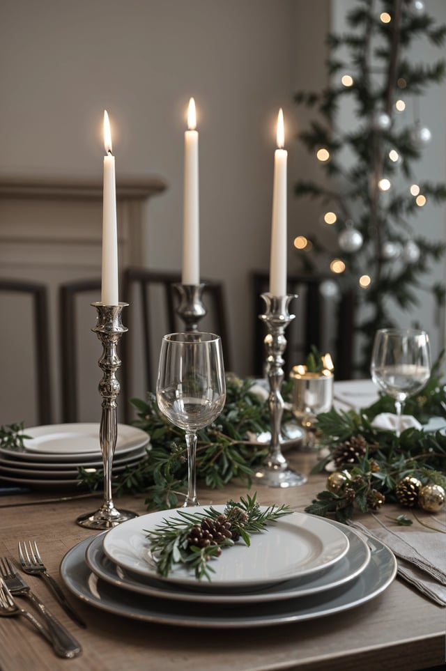 A dinner table set for a holiday meal with candles, wine glasses, and pine cones as decorations.