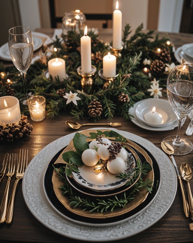 A dinner table set with candles, wine glasses, and a plate of food. The table is adorned with a garland and features a centerpiece of eggs, pinecones, and greenery.