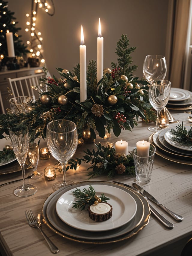 A dinner table set for a holiday meal with candles and greenery as a centerpiece.