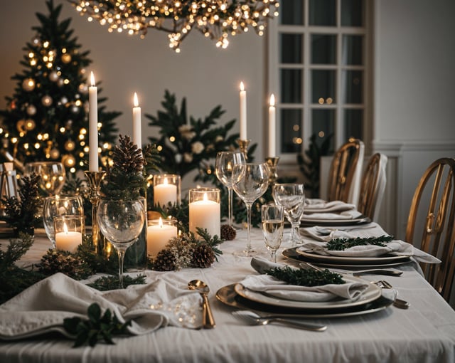 A dinner table set for Christmas with candles and wine glasses.