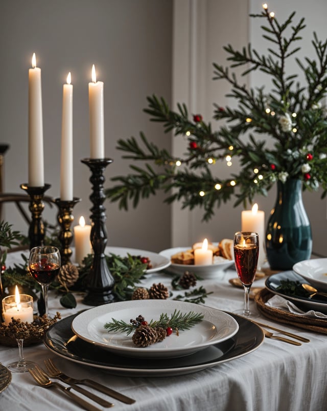 A dinner table set for a holiday meal with candles and pinecones. The table is adorned with wine glasses and plates, ready for a festive feast.