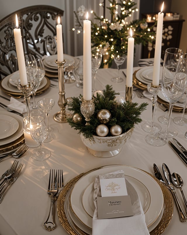 A fancy dinner table set for Christmas with gold plated candlesticks, wine glasses, forks, knives, and spoons.