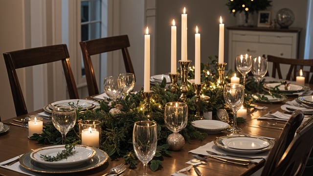 A fancy dinner table set with candles and greenery. The table is set for a special occasion with wine glasses, plates, and silverware.
