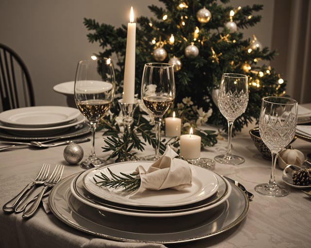 A table set for Christmas dinner with candles and wine glasses. The table is adorned with a Christmas tree and features a candlelit ambiance.