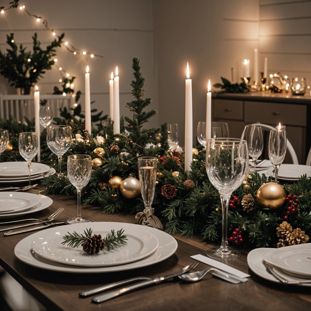 A dinner table set with candles and holly decorations
