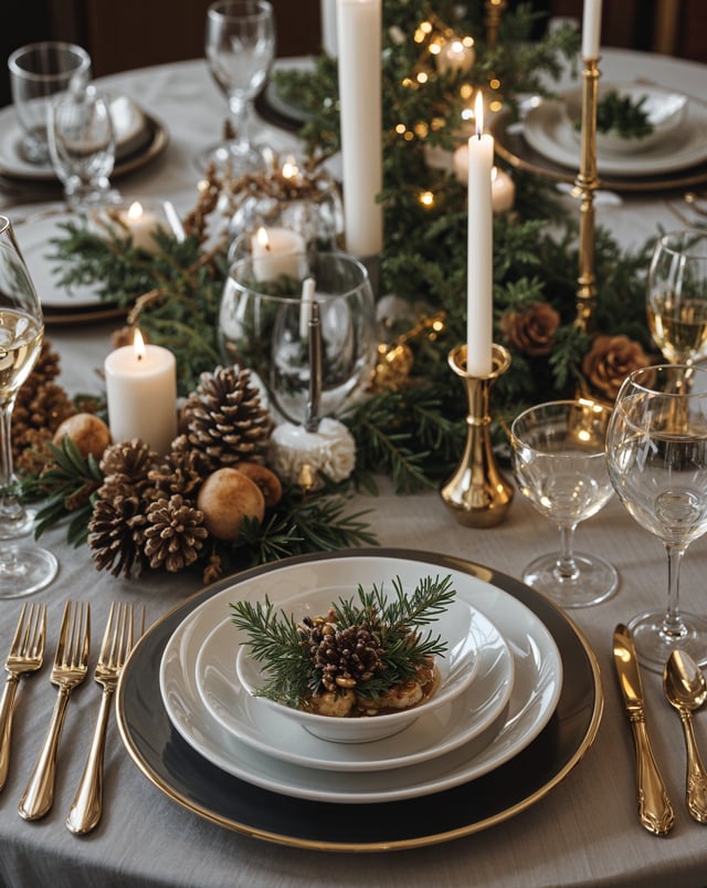 A dinner table set with a white plate of food, wine glasses, and candles. The table is adorned with pine cones and other decorations, creating a festive atmosphere.