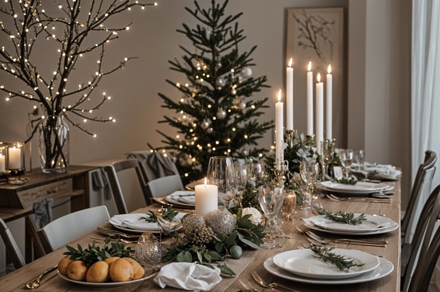 A dinner table set with candles and wine glasses, decorated for Christmas. The table is surrounded by chairs, and a Christmas tree is in the background.