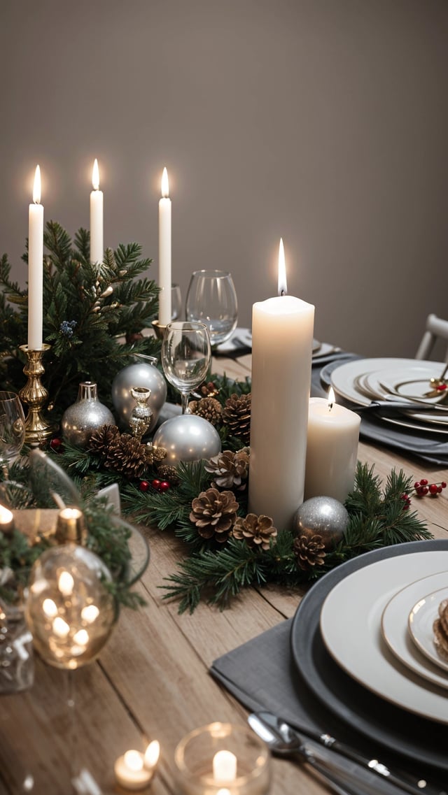 A table set for Christmas dinner with candles, ornaments, and a lit candle. The table is adorned with a Christmas tree and features a variety of dishes, including wine glasses and bowls.