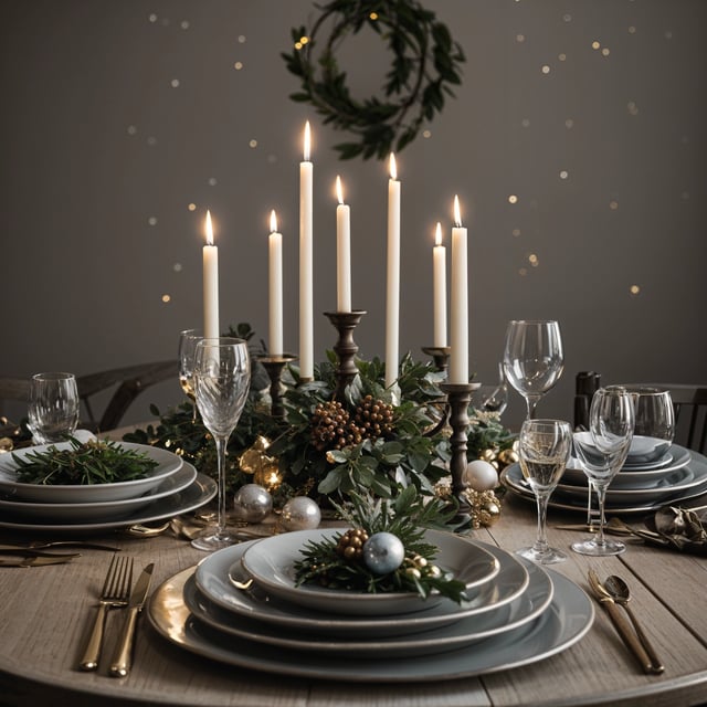 A dinner table set with plates, glasses, and candles. The table is adorned with a wreath and a centerpiece of candles and pine cones. The table is set for a holiday meal.