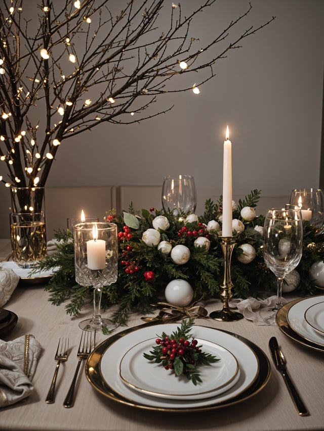 A dinner table set for two with candles, wine glasses, and a centerpiece of red berries and greenery.