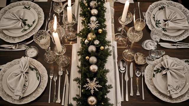 A table set for Christmas dinner with a centerpiece of a Christmas tree made of ornaments and candles. The table is set with silverware, plates, and wine glasses.