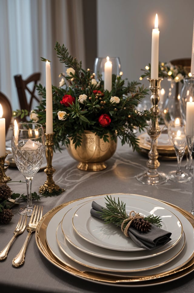 A fancy dinner table set with candles and a gold vase.