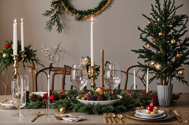 A dinner table set with candles, wine glasses, and a bowl of fruit. The table is adorned with a garland and a Christmas tree in the background.