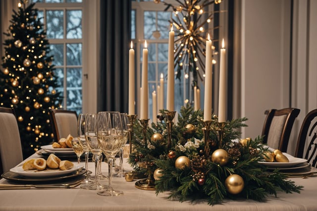 A table set for Christmas dinner with candles, wine glasses, and a centerpiece. The table is adorned with a beautifully decorated tree and gold ornaments.