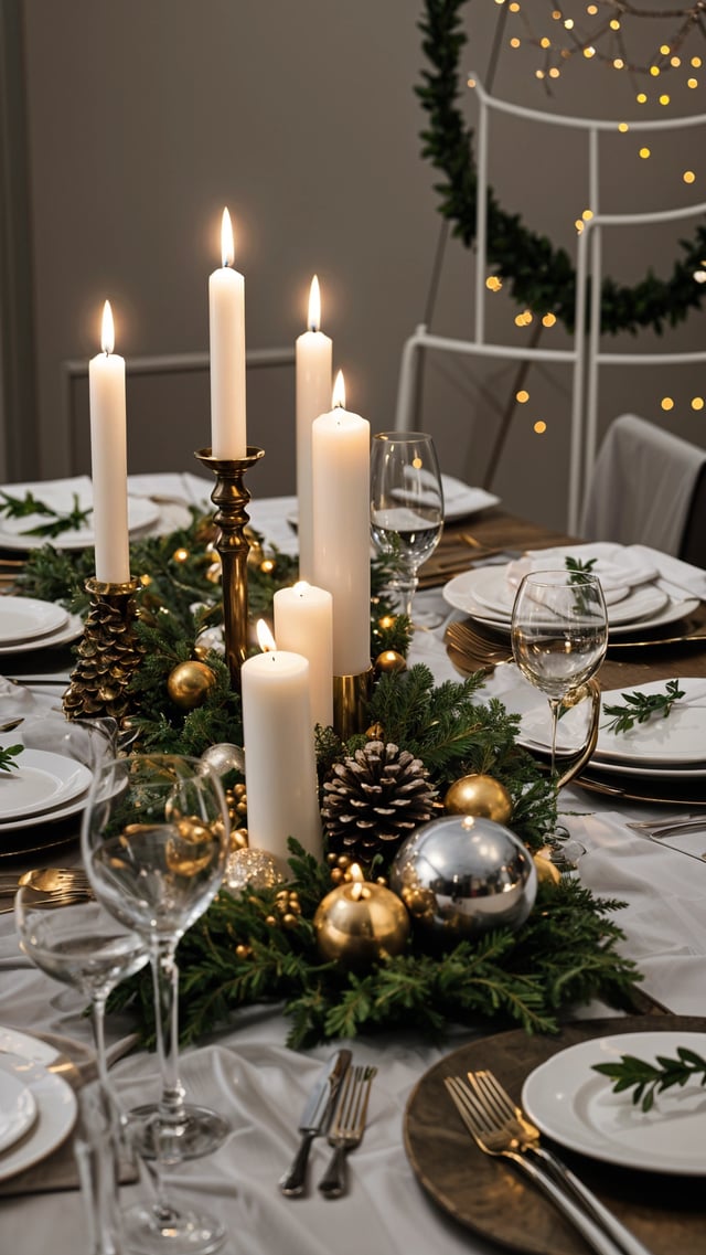 A table set with candles, wine glasses, and plates. The centerpiece is a beautiful arrangement of candles and pine cones.