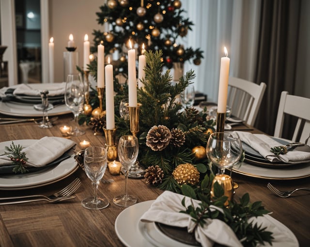A table set for Christmas dinner with a tree in the center. The table is set with candles, wine glasses, plates, utensils, napkins, and a vase.