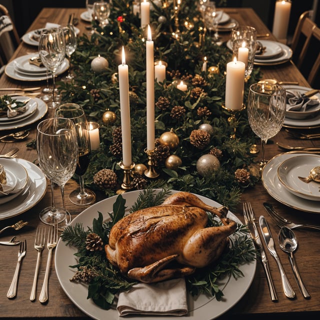 A dinner table with a roasted chicken, candles, and Christmas decorations. The table is set with plates, forks, knives, and spoons.