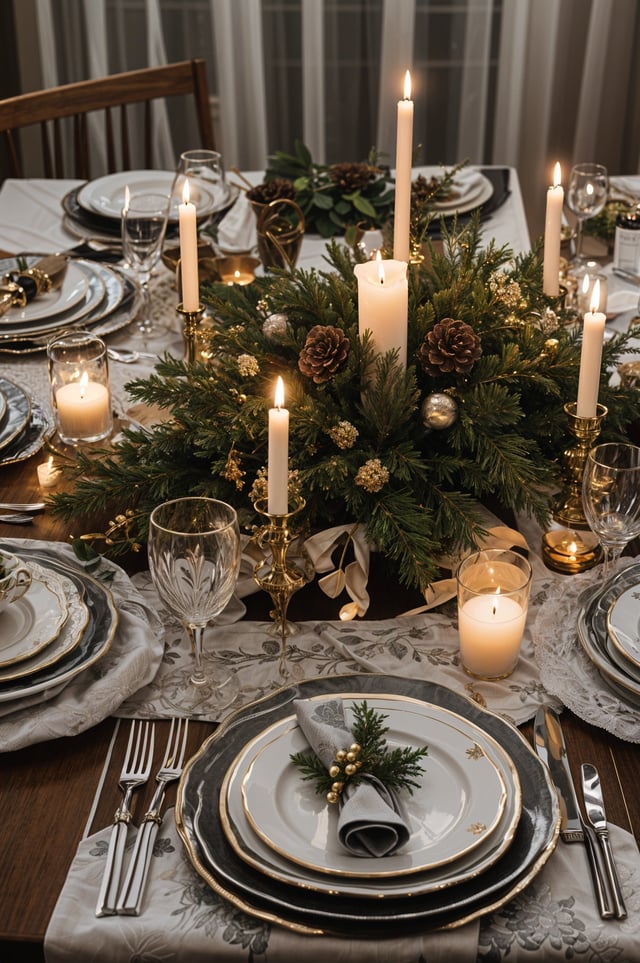 A table set for a holiday dinner with candles, pinecones, and glasses.