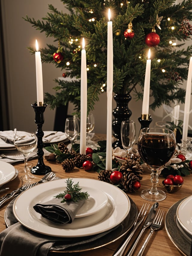 A dinner table set with plates, glasses, and candles. The table is adorned with a centerpiece of pine cones and berries.