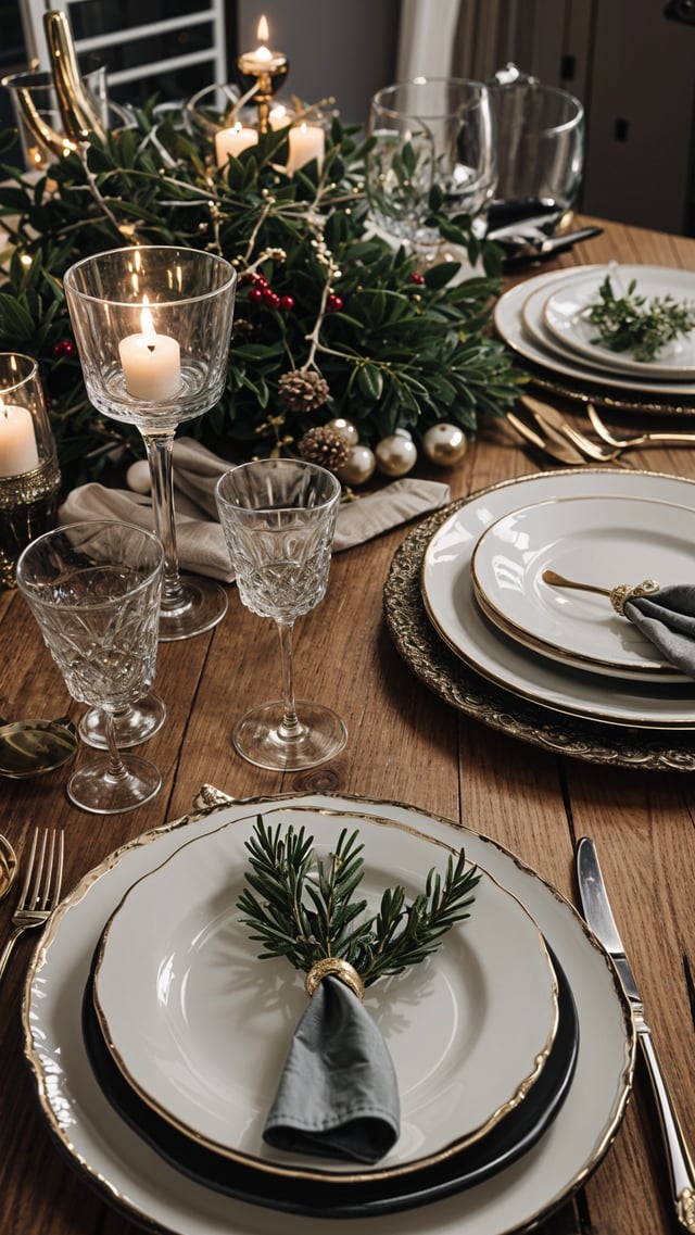 A dinner table set for a holiday meal with a centerpiece of pine cones and berries. The table is set with gold and white plates and glasses.