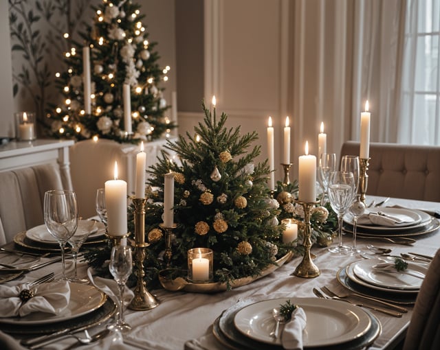 A Christmas dinner table with a tree and candles