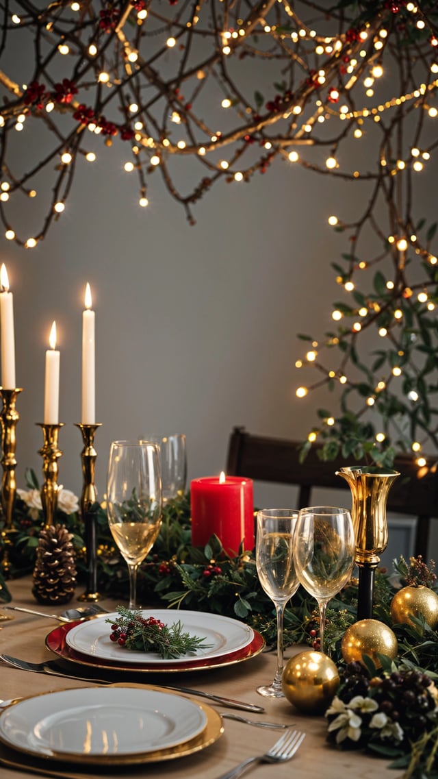 A dinner table with wine glasses, candles, and pinecones. The table is set for a festive meal with a warm ambiance.