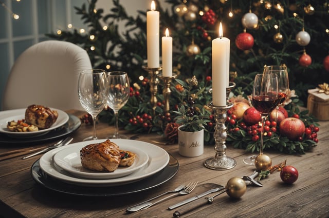 A dinner table set for Christmas with candles, wine glasses, and a plate of food.