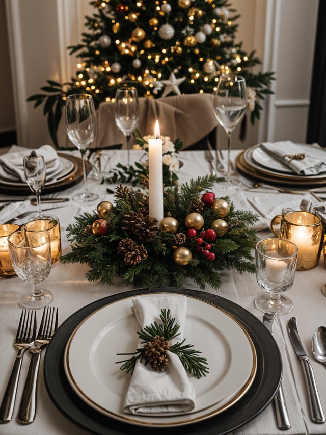 A table set for Christmas dinner with a centerpiece of pine cones and gold ornaments. The table is set with plates, forks, knives, and wine glasses. There are also candles on the table, adding to the festive atmosphere.