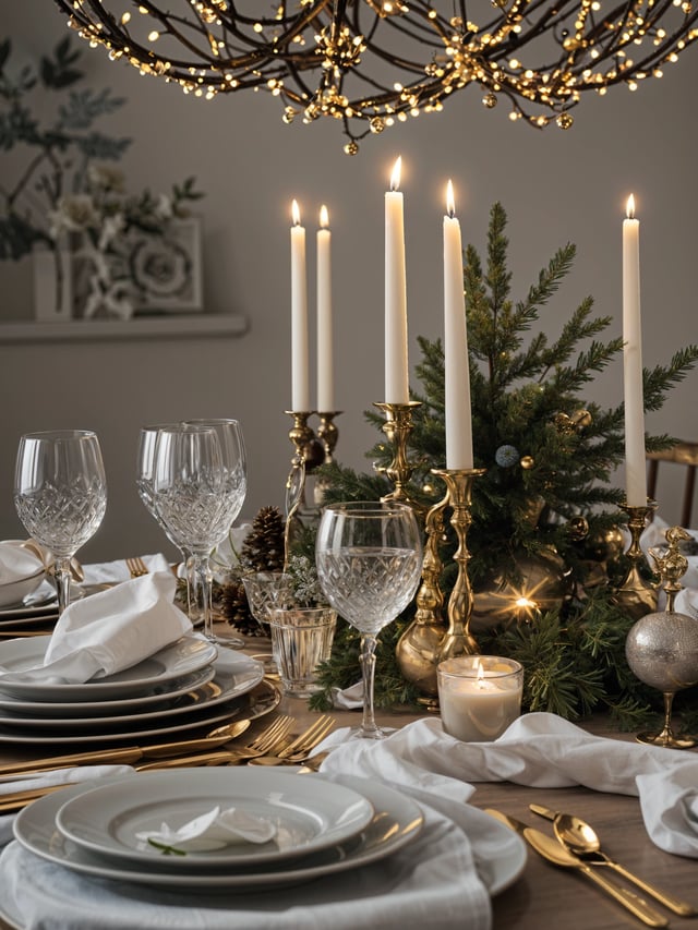 A dinner table with candles and a pine tree centerpiece. The table is set with gold accents and features wine glasses and dishes.