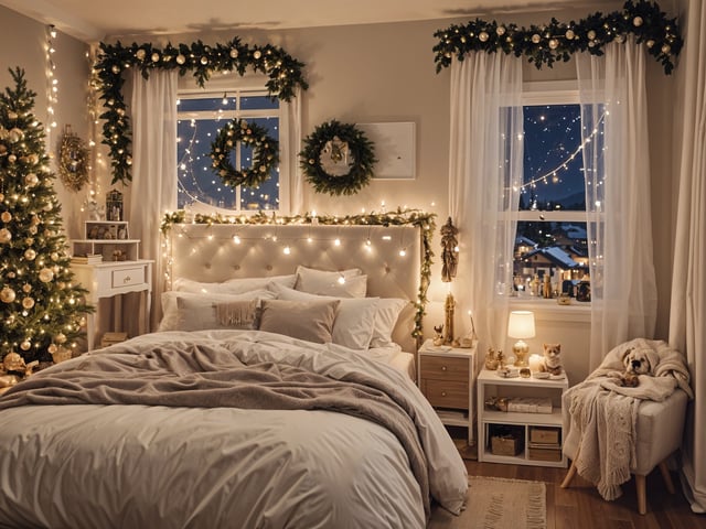 A bedroom with a bed, nightstand, and window. The bed is covered in a white comforter and has a white headboard. The room is decorated with Christmas lights and wreaths.