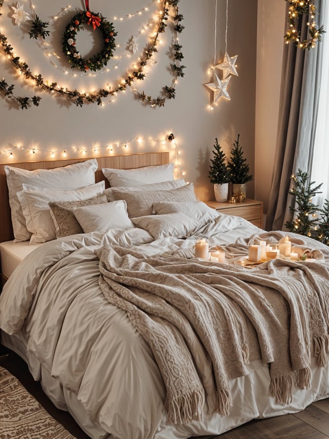 A bedroom scene with a bed, candles, and lights. A Christmas tree is in the background.