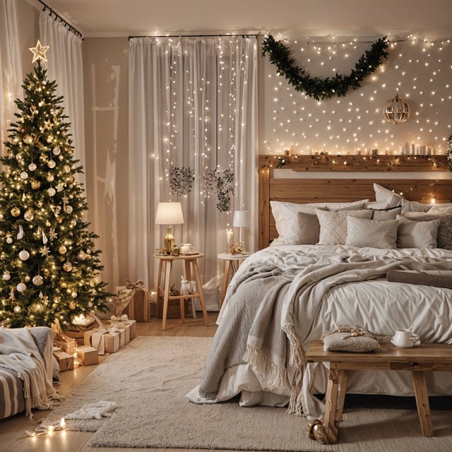 A bedroom with a Christmas tree and a bed with a white comforter. The room is decorated with lights and a star garland.