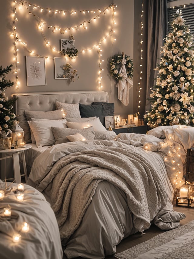 A bedroom with a bed, Christmas tree, and candles