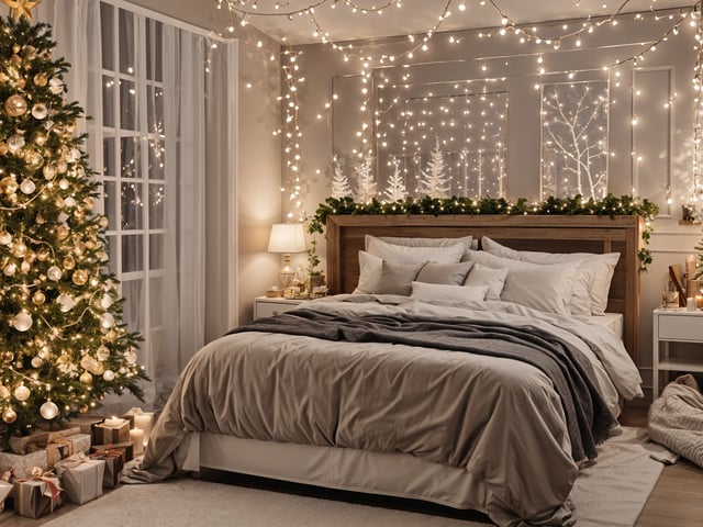 A bedroom scene with a bed in front of a Christmas tree and lights. The bed is covered with a grey comforter and white pillows.
